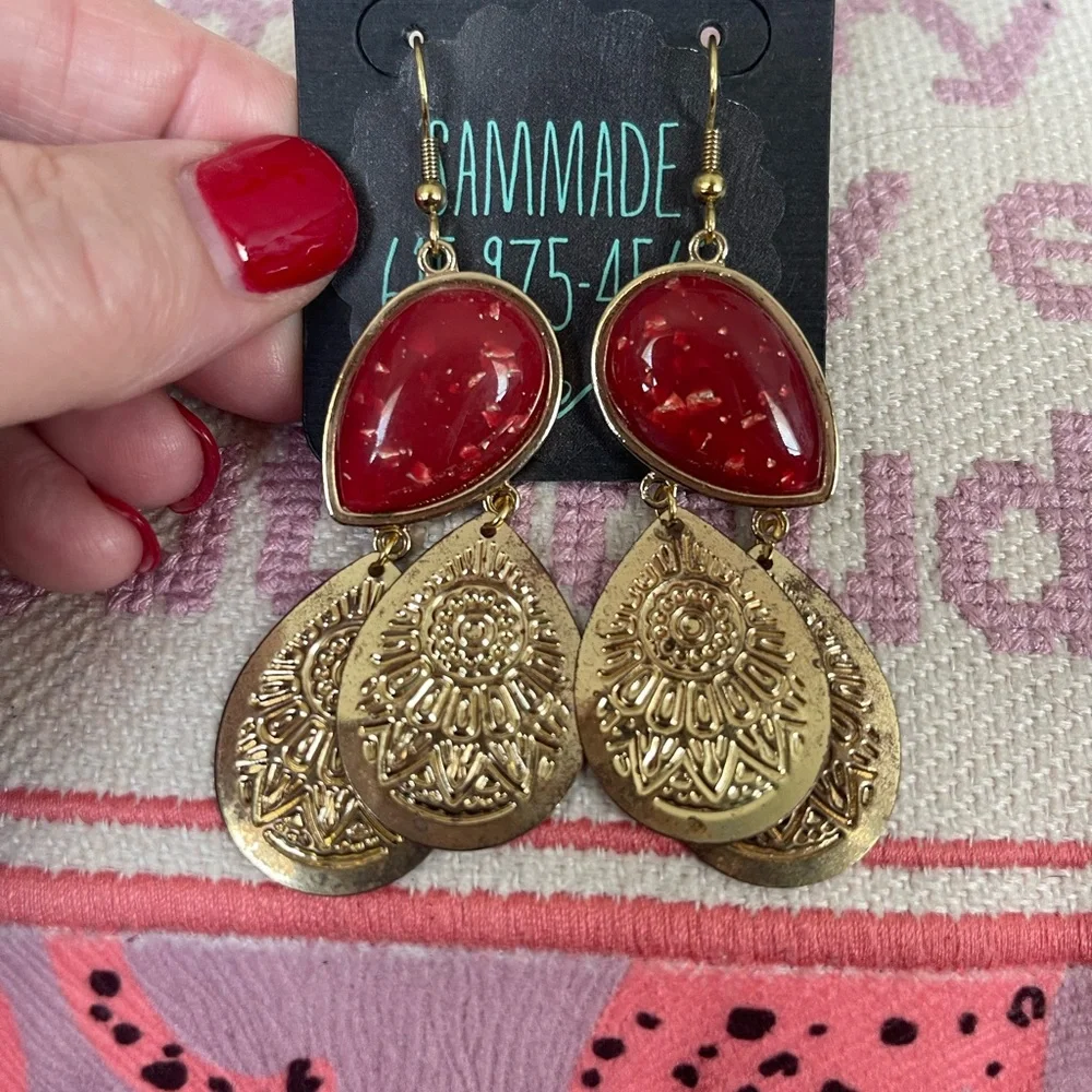 BoHo Gold and Orange Red Dangle Earrings - Picture 5 of 6